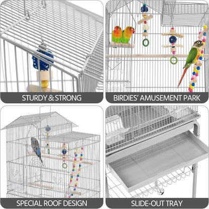 Metal Roof Top Bird Cage Wrought Rolling Birdcage W/Detachable Stand for Medium Small Parrots Parakeets Budgies Cockatiels