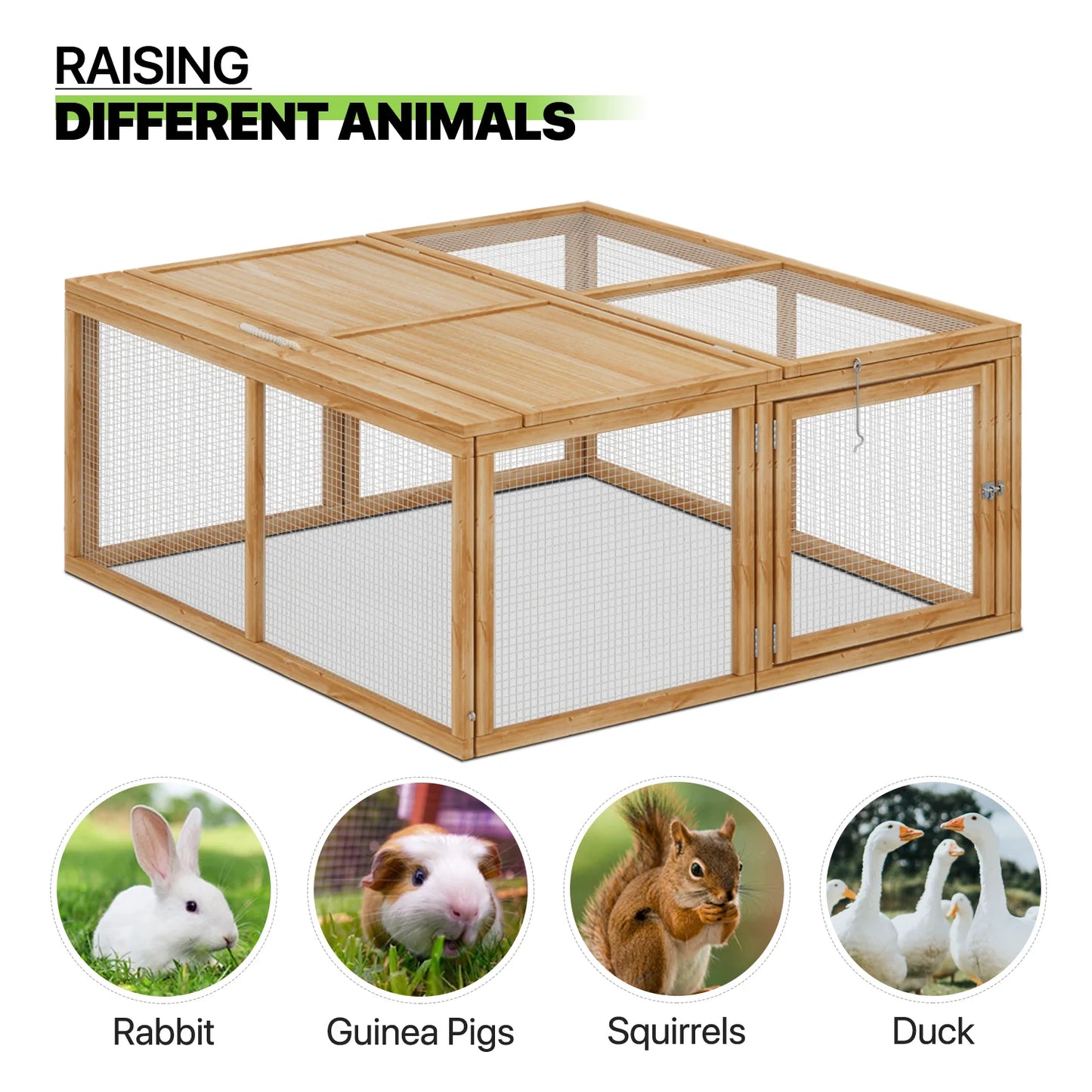 45.5" Wooden Chicken Coop Rabbit Hutch, Fir Wood Pet Cage Small Animal Poultry Cage Run with 2 Access Areas, Foldable Pet House Outdoor Large Hen House (Natural)