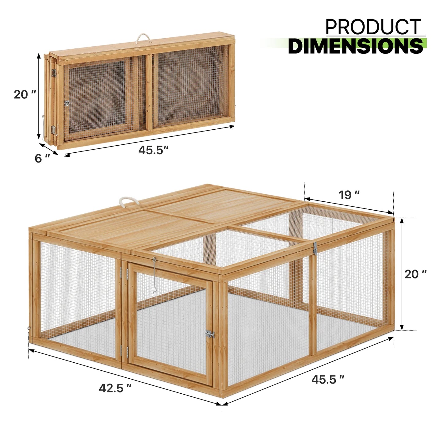 45.5" Wooden Chicken Coop Rabbit Hutch, Fir Wood Pet Cage Small Animal Poultry Cage Run with 2 Access Areas, Foldable Pet House Outdoor Large Hen House (Natural)