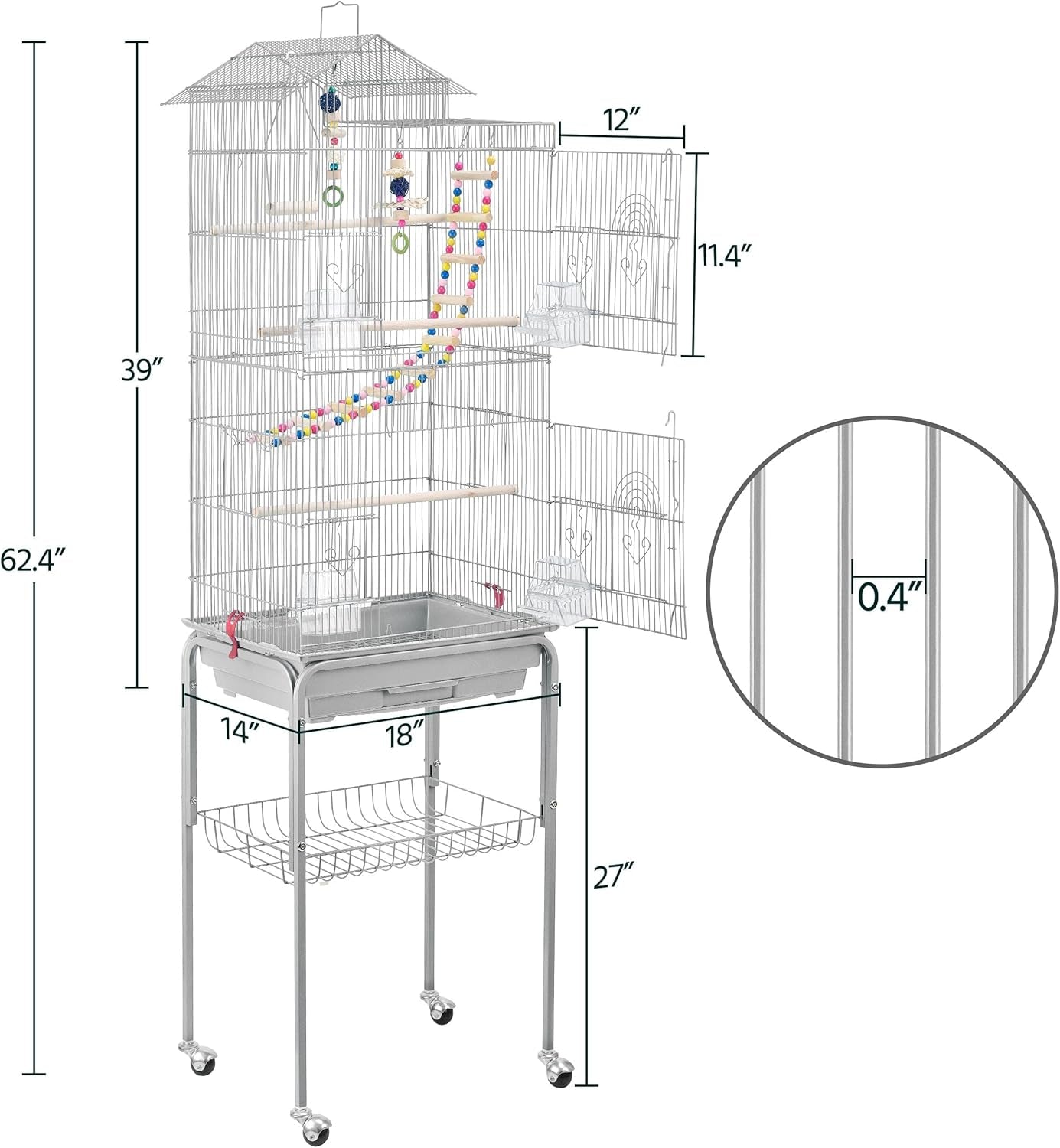 Metal Roof Top Bird Cage Wrought Rolling Birdcage W/Detachable Stand for Medium Small Parrots Parakeets Budgies Cockatiels