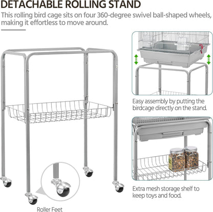 Metal Roof Top Bird Cage Wrought Rolling Birdcage W/Detachable Stand for Medium Small Parrots Parakeets Budgies Cockatiels