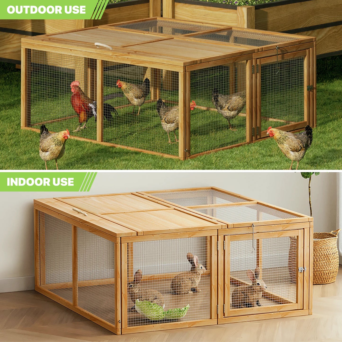 45.5" Wooden Chicken Coop Rabbit Hutch, Fir Wood Pet Cage Small Animal Poultry Cage Run with 2 Access Areas, Foldable Pet House Outdoor Large Hen House (Natural)