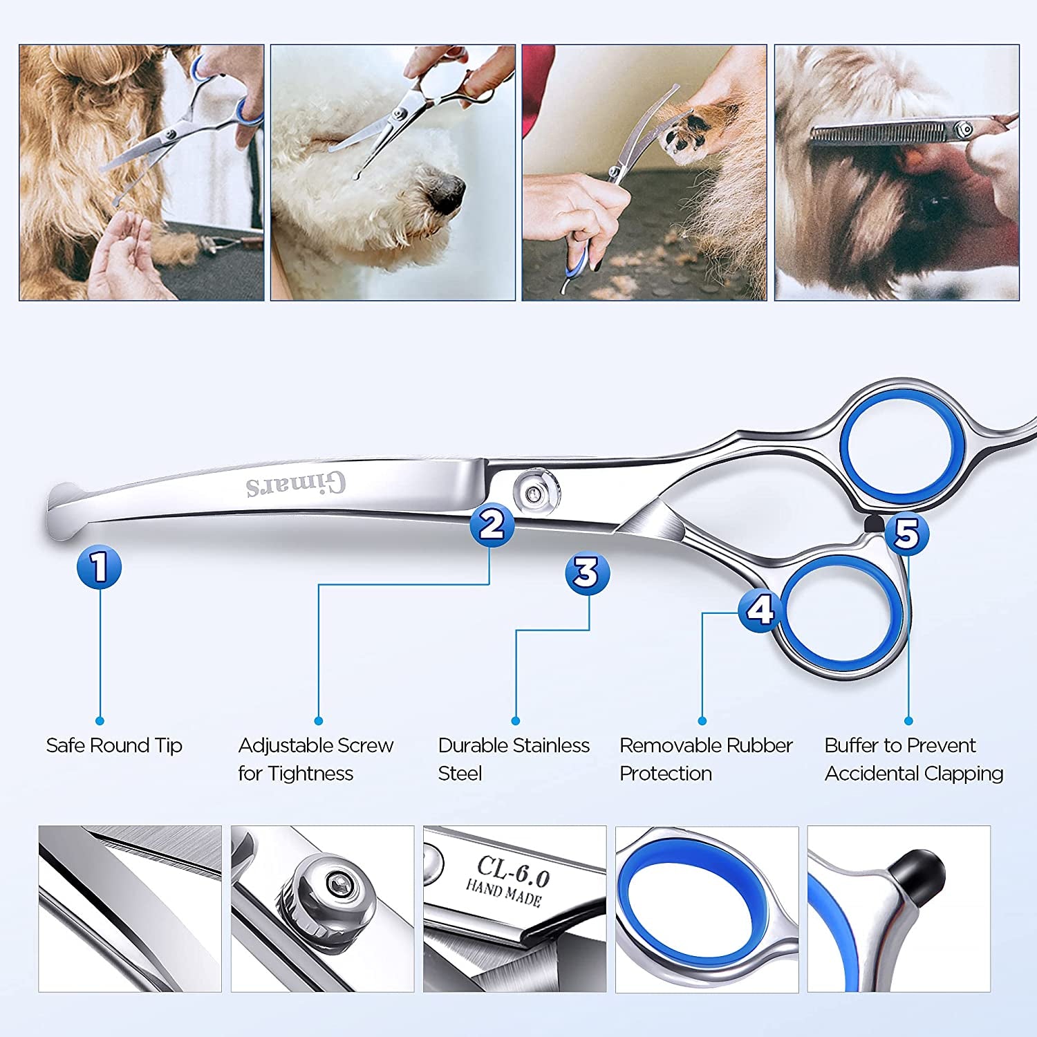 Titanium Coated Professional 6 in 1 4CR Stainless Steel Dog Grooming Scissors with Safety round Tip, Heavy Duty Pet Grooming Scissor for Dogs, Cats and Other Animals