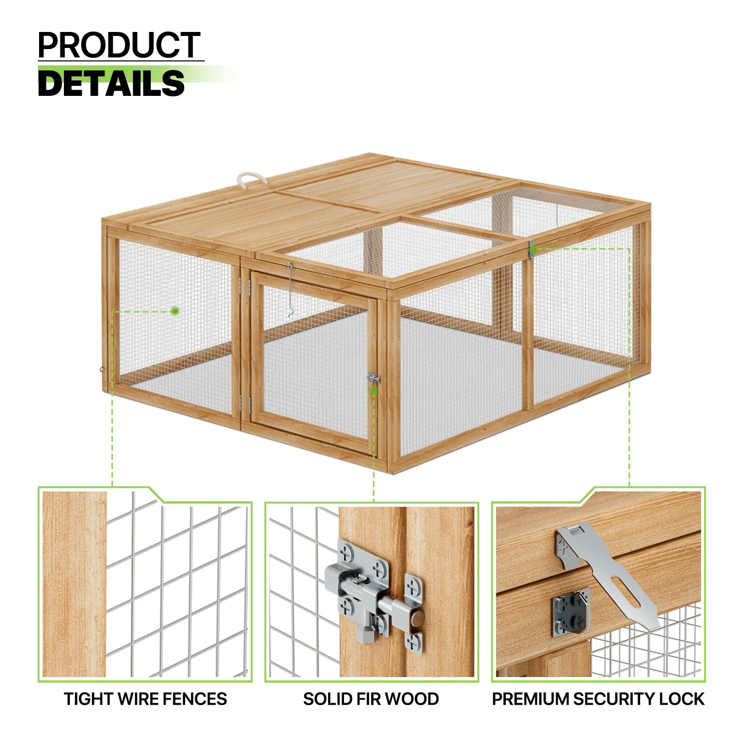 45.5" Wooden Chicken Coop Rabbit Hutch, Fir Wood Pet Cage Small Animal Poultry Cage Run with 2 Access Areas, Foldable Pet House Outdoor Large Hen House (Natural)